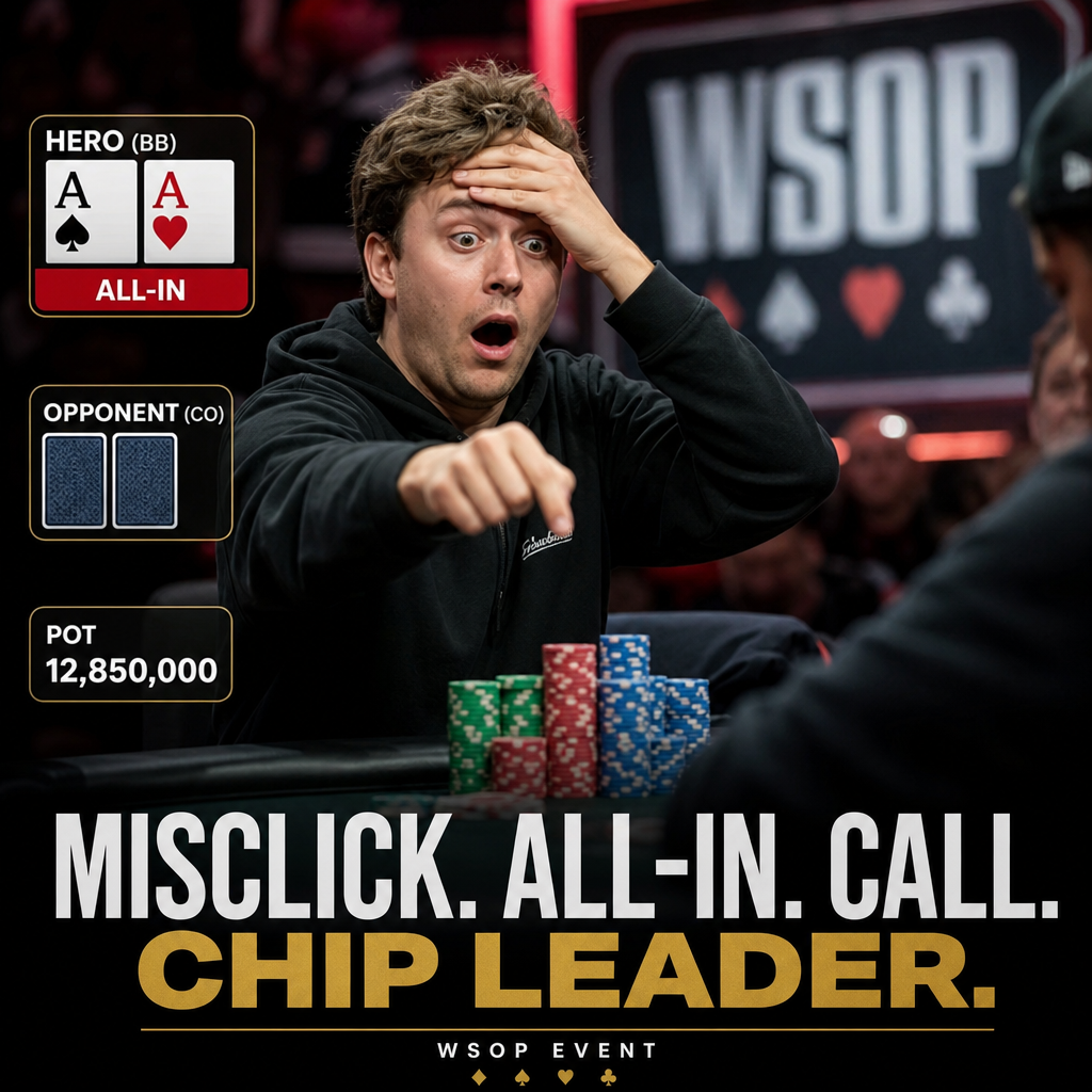 Illustration of Poker Player Misclick Jams Into Pocket Aces, Takes Chip Lead in WSOP Event